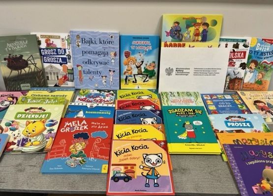 Książki ułożone na stoliku zakupione w ramach Narodowego Rozwoju Czytelnictwa.